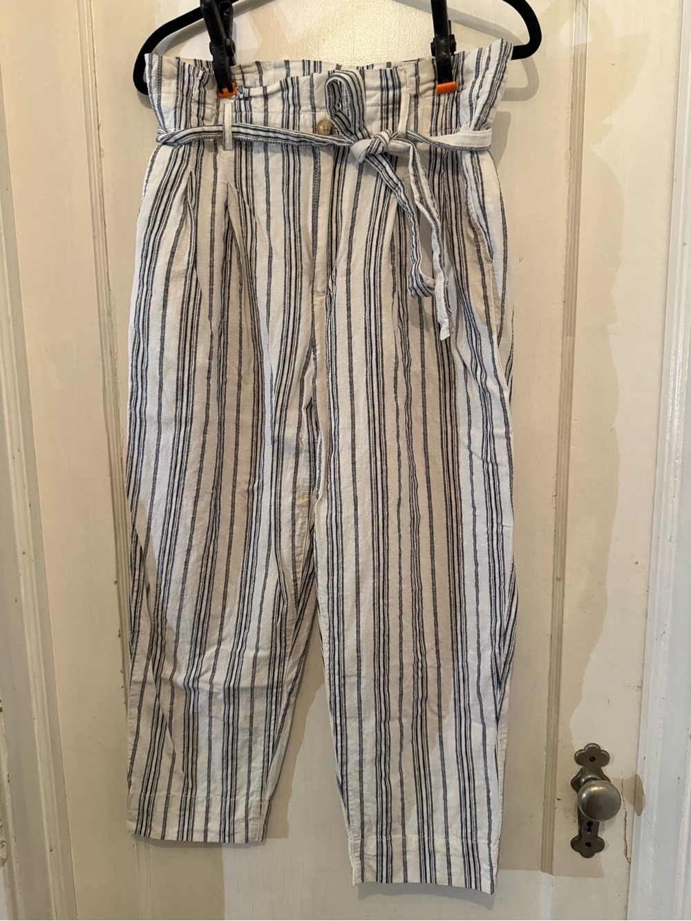 Madewell White with Navy Stripe linen cotton trousers